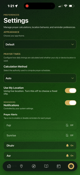 Settings screen